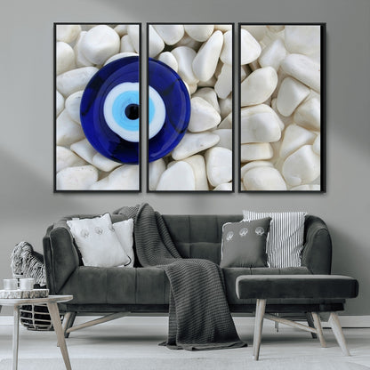 48883-MGV-FC-48X32-3P_Black-Evil Eye Wall Art – Deep Blue Symbol of Presence and Calm on White Stones, Subtle Spiritual Decor for Entryway, Studio, Office or
