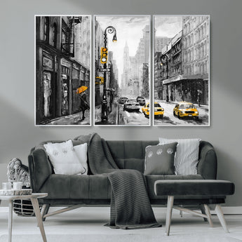 32362-MGV-CV-36X24-NYC Street Wall Art – Black and White Cityscape with Yellow Taxis and Umbrella Canvas Print, Urban Home Decor for Living Room or