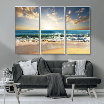 13139-MGV-CV-36X24-Sunrise Beach Wall Art – Ocean Waves and Golden Sand Canvas Print, Coastal Home Decor for Living Room, Bedroom, or Office