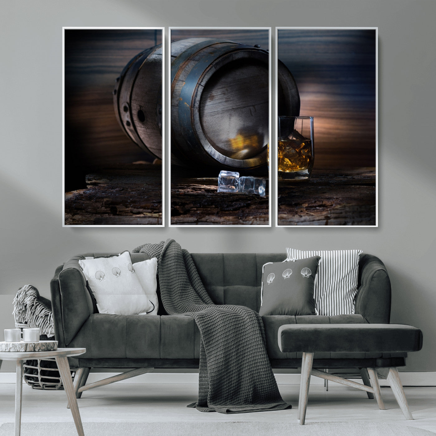 78049-MGV-CV-36X24-Whiskey Barrel Wall Art – Rustic Whiskey Barrel and Glass with Ice Canvas Print, Classic Bar or Lounge Decor for Home, Office, or