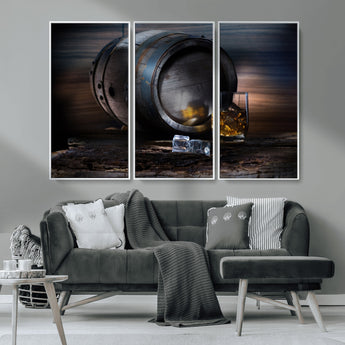 78049-MGV-CV-36X24-Whiskey Barrel Wall Art – Rustic Whiskey Barrel and Glass with Ice Canvas Print, Classic Bar or Lounge Decor for Home, Office, or
