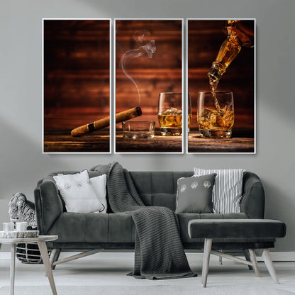 91042-MGV-CV-36X24-Whiskey & Cigar Wall Art – Elegant Whiskey Pour and Smoldering Cigar Canvas Print, Sophisticated Bar or Lounge Decor for Home,