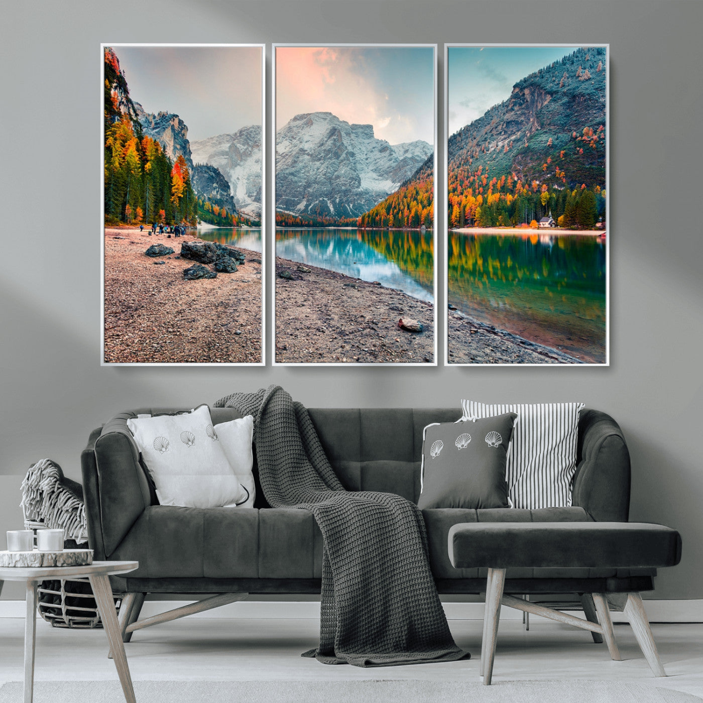 25982-MGV-CV-36X24-Autumn Mountain Lake Wall Art – Panoramic Fall Foliage and Snowy Peaks Canvas Print, Scenic Nature Decor for Living Room or Office