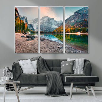 25982-MGV-CV-36X24-Autumn Mountain Lake Wall Art – Panoramic Fall Foliage and Snowy Peaks Canvas Print, Scenic Nature Decor for Living Room or Office