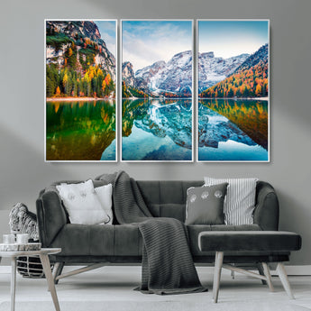 10402-MGV-CV-36X24-Snowy Mountain Lake Wall Art – Autumn Landscape Canvas Print with Reflection, Nature Decor for Living Room, Office, Bedroom or