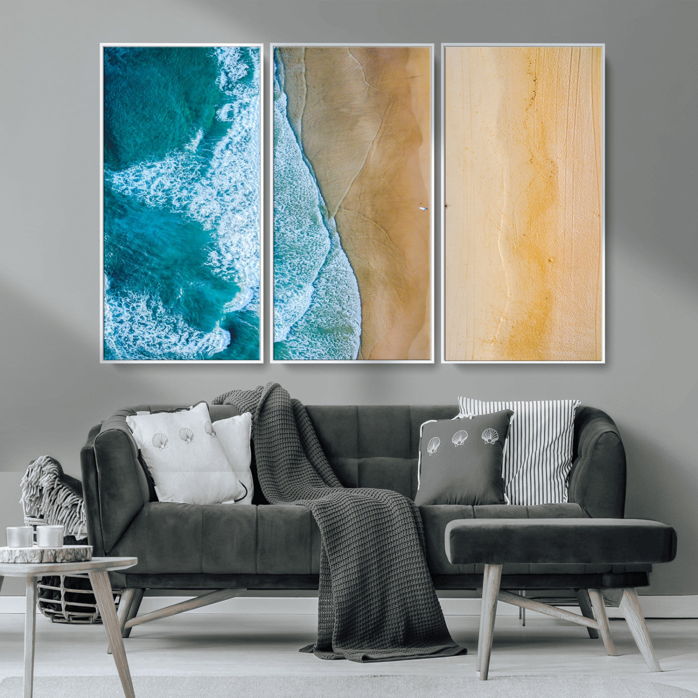 46640-MGV-CV-36X24-Aerial Beach Wall Art – Turquoise Waves and Golden Sand Canvas Print with Lone Surfer, Coastal Ocean Decor for Living Room,