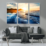 86173-MGV-CV-36X24-Golden Sunset Beach Wall Art – Reflective Ocean Canvas Print with Mountains and Waves, Coastal Nature Decor for Living Room,