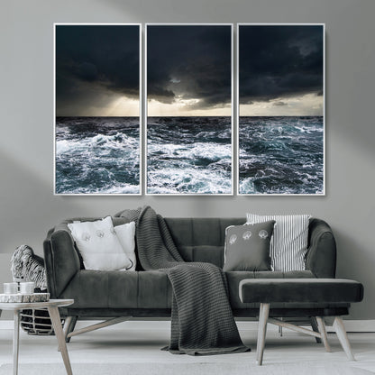 42607-MGV-FC-48X32-3P_White-Stormy Ocean Wall Art – Dramatic Sea and Sky Canvas Print with Sun Rays, Moody Nature Decor for Living Room, Office, Bedroom or