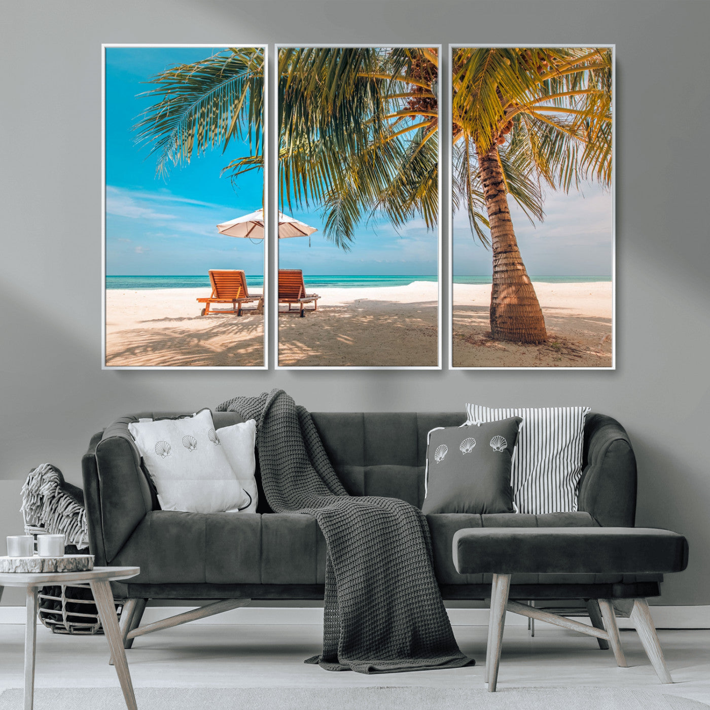 69754-MGV-CV-36X24-Tropical Beach Wall Art – Relaxing Palm Tree and Lounge Chairs Canvas Print, Serene Coastal Decor for Living Room, Bedroom, Office