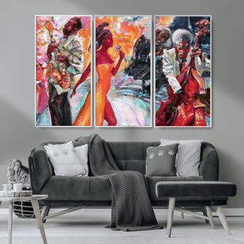 24452-MGV-CV-36X24-Vibrant Jazz Musician Painting - Expressive Art Print of Live Jazz Band, Perfect Wall Decor for Music Lovers and Art Enthusiasts