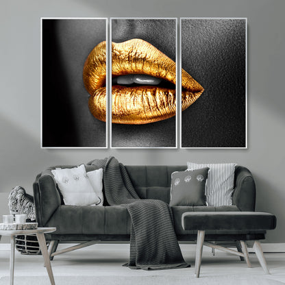 84747-MGV-FC-48X32-3P_White-Golden Lips Black & White Portrait – Glamorous Metallic Lip Art Print, Modern Wall Decor for Bedroom, Beauty & Fashion Lover Gift