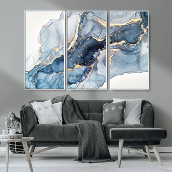 33782-MGV-CV-36X24-Abstract Marble Wall Art – Blue & Gold Fluid Painting Canvas Print, Modern Home Decor for Living Room, Bedroom or Office