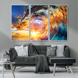 52890-MGV-CV-36X24-Surfing Wave Wall Art Canvas Print, Framed Sunset Ocean Art Picture Print, Ocean Wave Perfect Nautical Decor Artwork