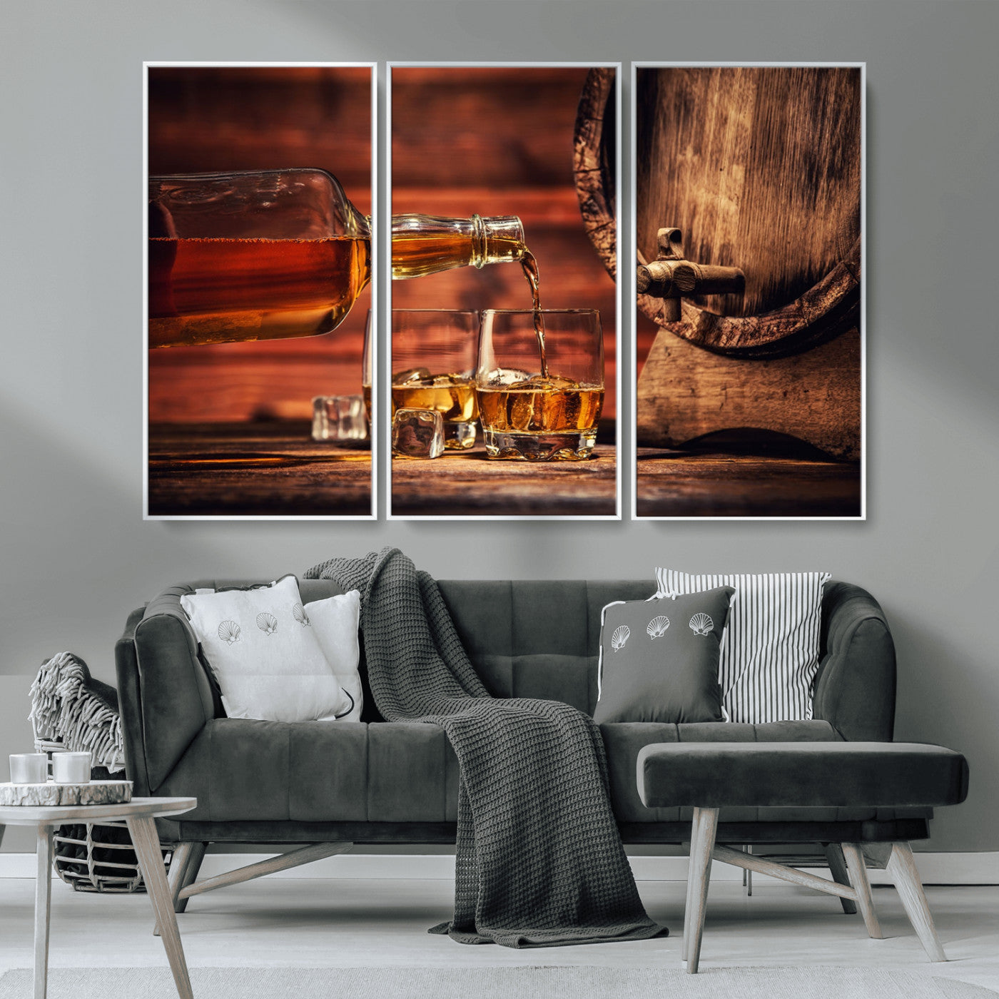 21266-MGV-CV-36X24-Pouring Whiskey into Glasses with Ice – Rustic Wooden Barrel Background, Warm Ambient Lighting, Ideal Decor for Home or Office