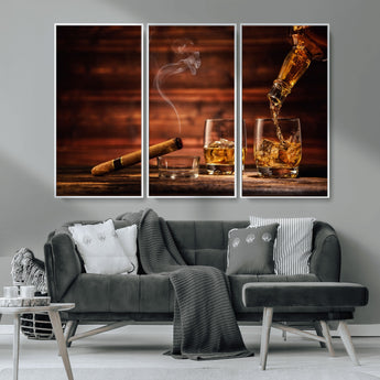 41139-MGV-CV-36X24-Whiskey and Cigar Still Life – Glasses with Ice and Pouring Amber Drink on Wooden Table with Smoke, Elegant Bar or Lounge Wall