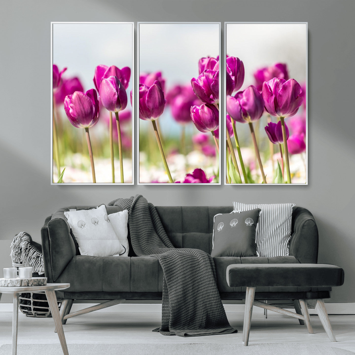 30632-MGV-CV-36X24-Purple Tulip Field Wall Art – Beautiful Spring Flowers Canvas Print with Soft Focus and Bright Sky, Ideal Floral Decor for Home or