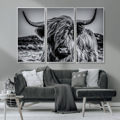 97372-MGV-CV-36X24-Elegant Highland Cow Wall Art – Black and White Canvas Print, Rustic Nature Decor for Home, Office, Living Room or Man Cave