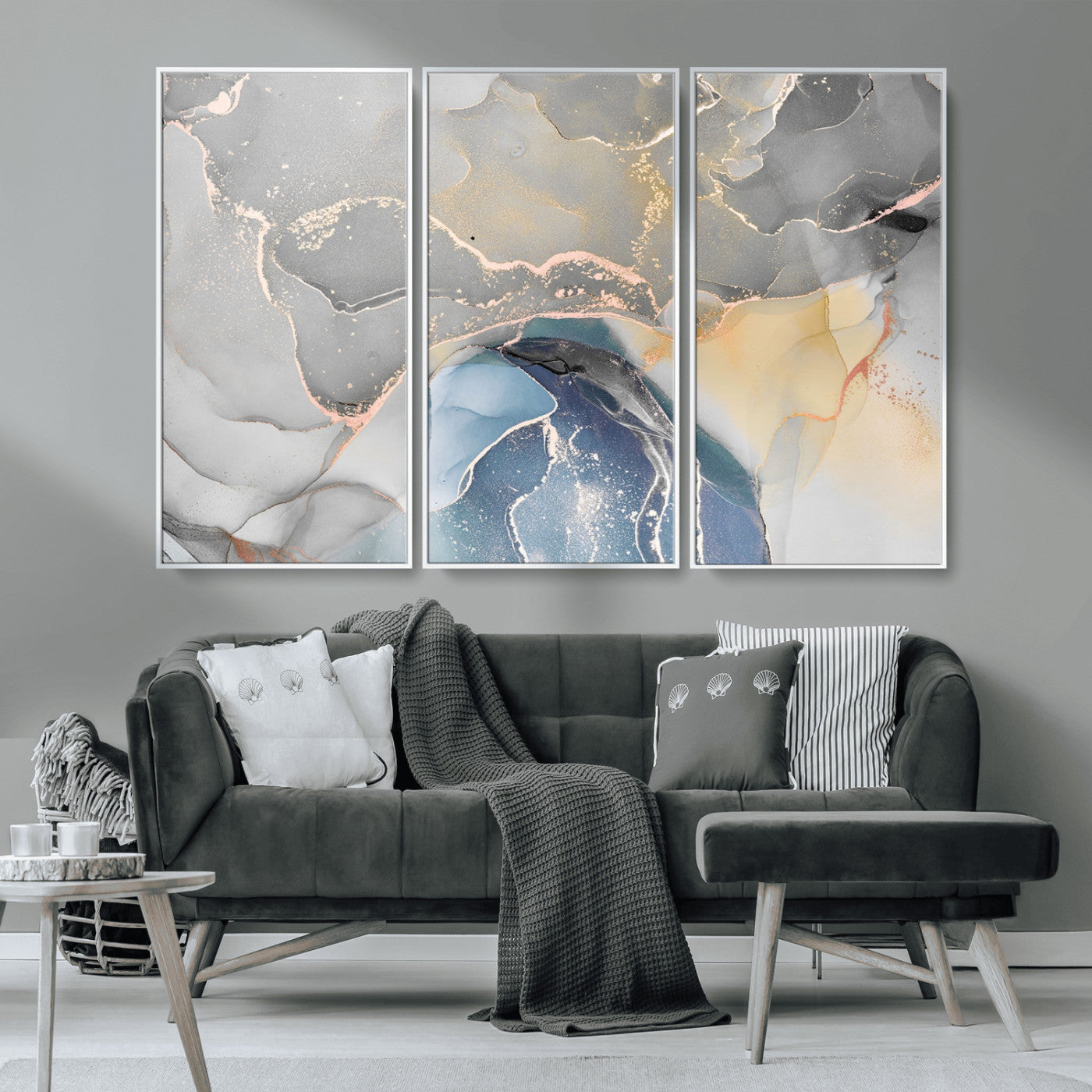63211-MGV-CV-36X24-Abstract Fluid Art Wall Decor – Blue, Gray & Gold Canvas Print, Modern Home and Office Wall Art Decor for Living Room, Bedroom or