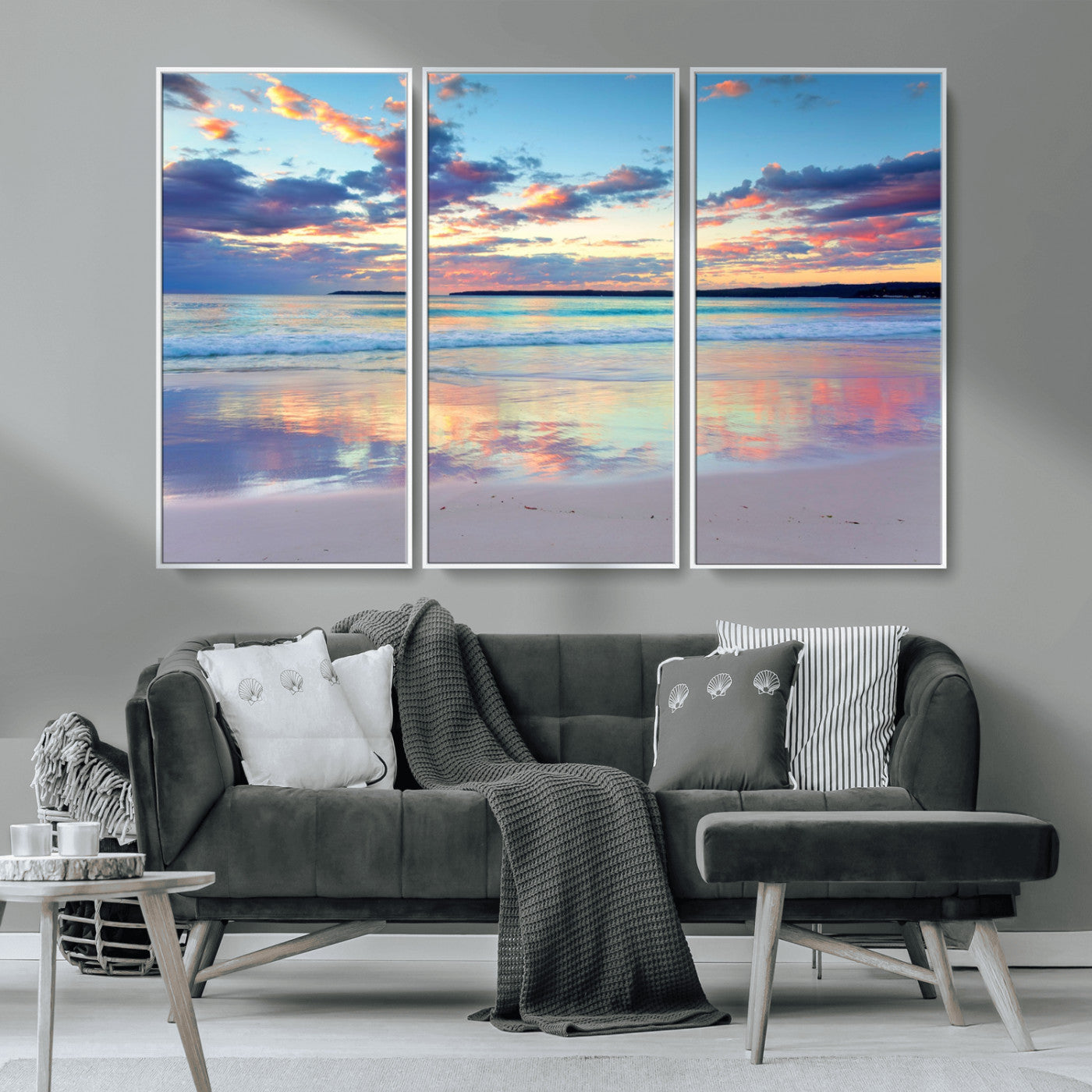64882-MGV-FC-48X32-3P_White-Tranquil Sunset Beach Wall Art – Panoramic Ocean Reflection Canvas Print, Calm Coastal Decor for Bedroom, Living Room or Office