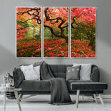 73343-MGV-FC-48X32-3P_White-Autumn Maple Wall Art – Panoramic Vibrant Red Maple Tree Canvas Print, Seasonal Nature Decor for Office, Living Room or Garden