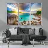23769-MGV-CV-36X24-Tropical Beach Sunset Wall Art – Ocean Waves and Rocky Shore Canvas Print, Coastal Seascape Photography Decor