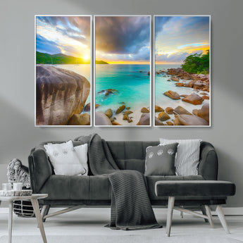23769-MGV-CV-36X24-Tropical Beach Sunset Wall Art – Ocean Waves and Rocky Shore Canvas Print, Coastal Seascape Photography Decor