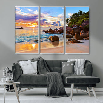 43209-MGV-CV-36X24-Tropical Beach Sunset Wall Art – Golden Ocean Waves and Palm Trees with Rocky Shore Canvas Print, Coastal Seascape Decor for