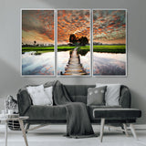 29105-MGV-CV-36X24-Rustic Wooden Bridge Wall Art – Scenic Sunset Over Rice Fields and Reflective Water Canvas Print, Nature Landscape Decor for