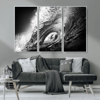 22702-MGV-CV-36X24-Black and White Ocean Wave Wall Art – Powerful Surf Curl Photography Canvas Print, Modern Coastal Decor for Living Room, Office or
