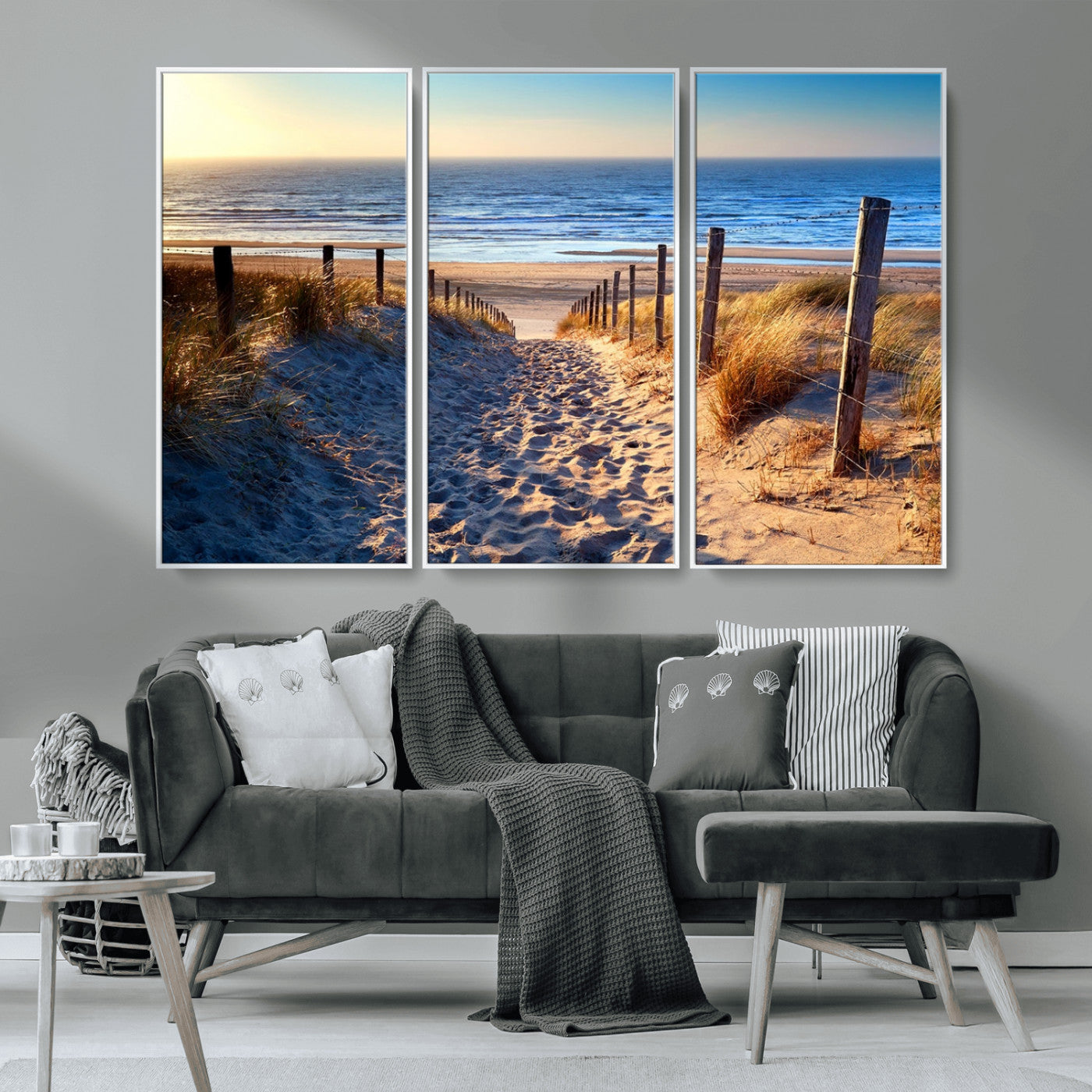 31889-MGV-CV-36X24-Sandy Beach Pathway Wall Art – Coastal Dune Fence and Ocean View Canvas Print, Relaxing Seaside Landscape Decor for Living Room or