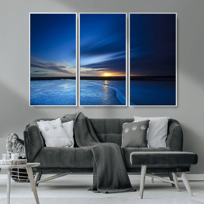 65405-MGV-CV-36X24-Blue Sunrise Seascape Wall Art – Tranquil Ocean Horizon Canvas Print with Golden Sunlight and Deep Sky, Coastal Landscape Decor
