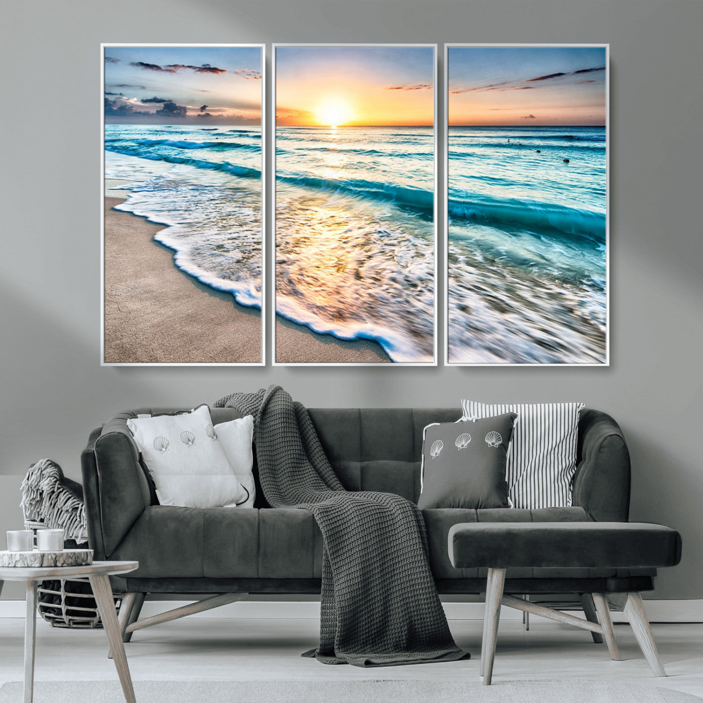 27815-MGV-CV-36X24-Ocean Sunrise Beach Wall Art – Serene Coastal Canvas Print with Waves and Golden Morning Light, Relaxing Seascape Decor for