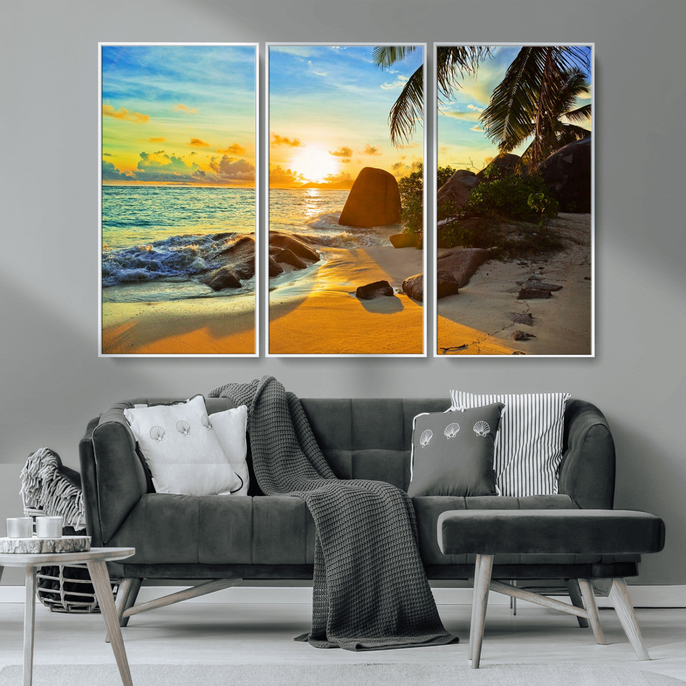 26181-MGV-CV-36X24-Golden Tropical Sunset Beach Wall Art – Ocean Canvas Print with Palm Trees and Rocks, Coastal Paradise Decor for Living Room or