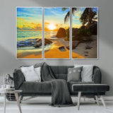 26181-MGV-CV-36X24-Golden Tropical Sunset Beach Wall Art – Ocean Canvas Print with Palm Trees and Rocks, Coastal Paradise Decor for Living Room or