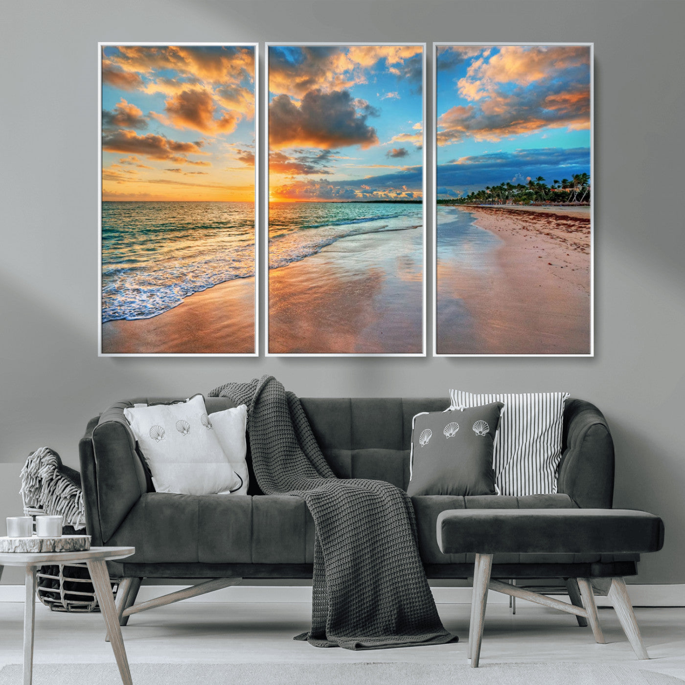 41572-MGV-CV-36X24-Sunset Beach Wall Art – Ocean Waves and Palm Trees Canvas Print, Tropical Coastal Sunset Seascape Decor for Living Room, Bedroom