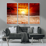 60211-MGV-CV-36X24-Fiery Sunset Ocean Wall Art – Red Sky Seascape Canvas Print with Waves, Bold Coastal Sunset Decor for Living Room or Bedroom