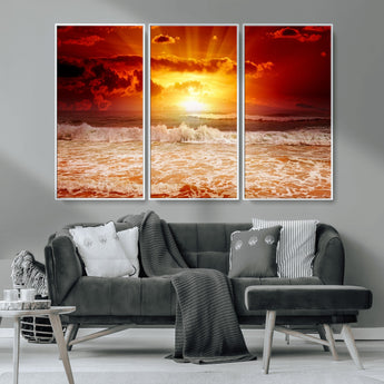 60211-MGV-CV-36X24-Fiery Sunset Ocean Wall Art – Red Sky Seascape Canvas Print with Waves, Bold Coastal Sunset Decor for Living Room or Bedroom
