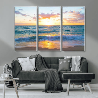 78006-MGV-CV-36X24-Golden Sunrise Ocean Wall Art – Panoramic Beach Waves Canvas Print, Coastal Seascape Artwork for Living Room, Bedroom, Office, or