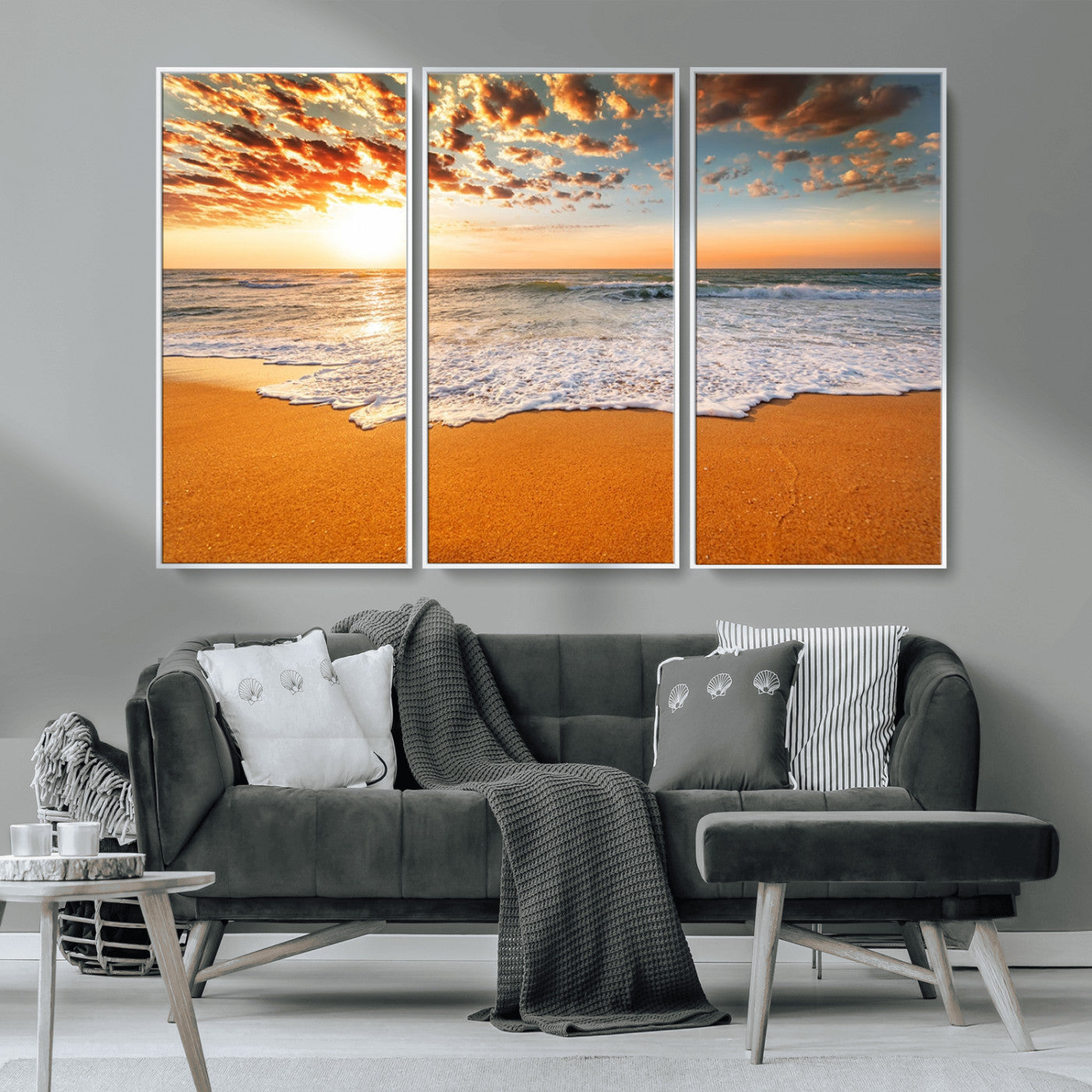 15399-MGV-CV-36X24-Golden Sunrise Beach Wall Art – Ocean Waves on Sandy Shore Canvas Print, Coastal Seascape Decor for Living Room or Bedroom