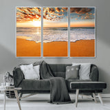 15399-MGV-CV-36X24-Golden Sunrise Beach Wall Art – Ocean Waves on Sandy Shore Canvas Print, Coastal Seascape Decor for Living Room or Bedroom