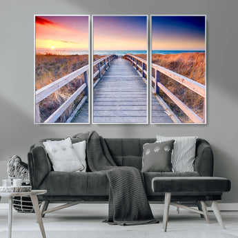 60625-MGV-CV-36X24-Beach Boardwalk Sunrise Wall Art – Coastal Pathway to Ocean Canvas Print, Seaside Landscape Decor for Home or Office