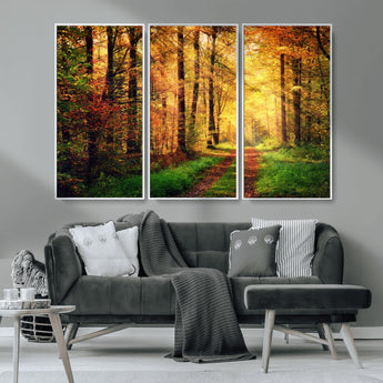 73494-MGV-CV-36X24-Golden Autumn Forest Path Wall Art – Sunlit Woodland Canvas Print, Fall Nature Landscape Home Decor