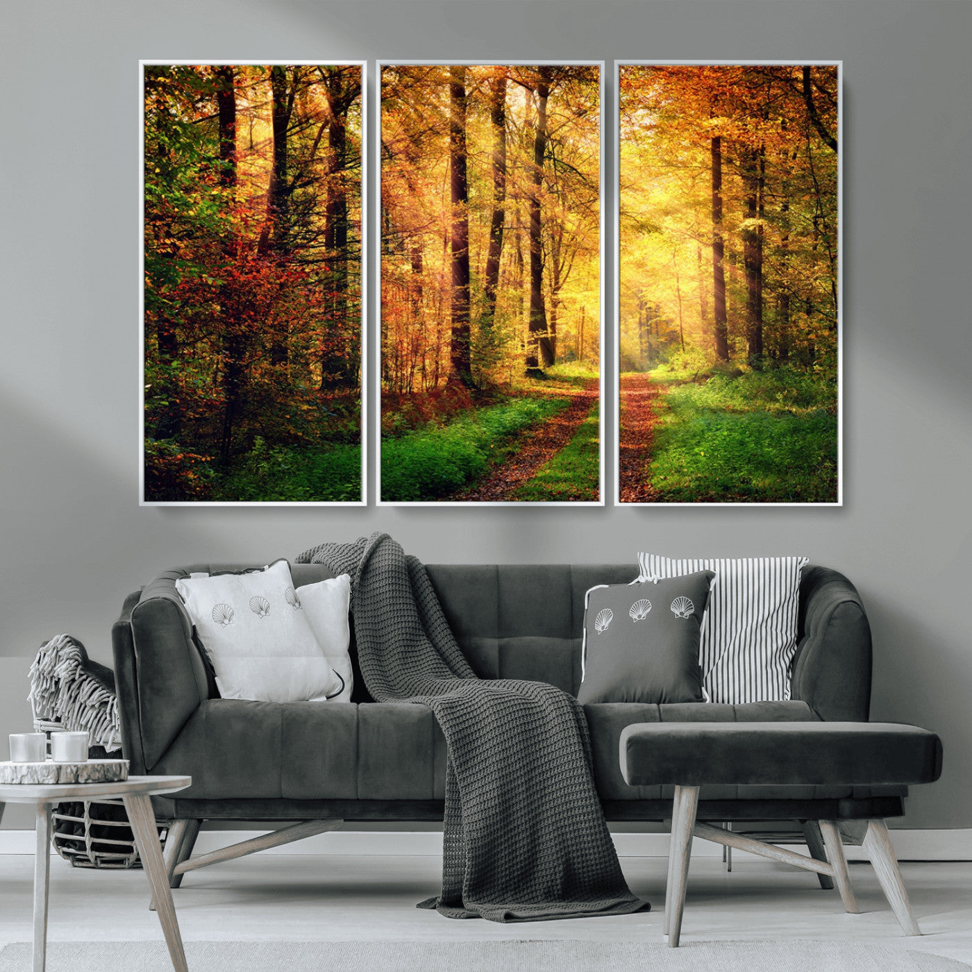 73494-MGV-CV-36X24-Golden Autumn Forest Path Wall Art – Sunlit Woodland Canvas Print, Fall Nature Landscape Home Decoration