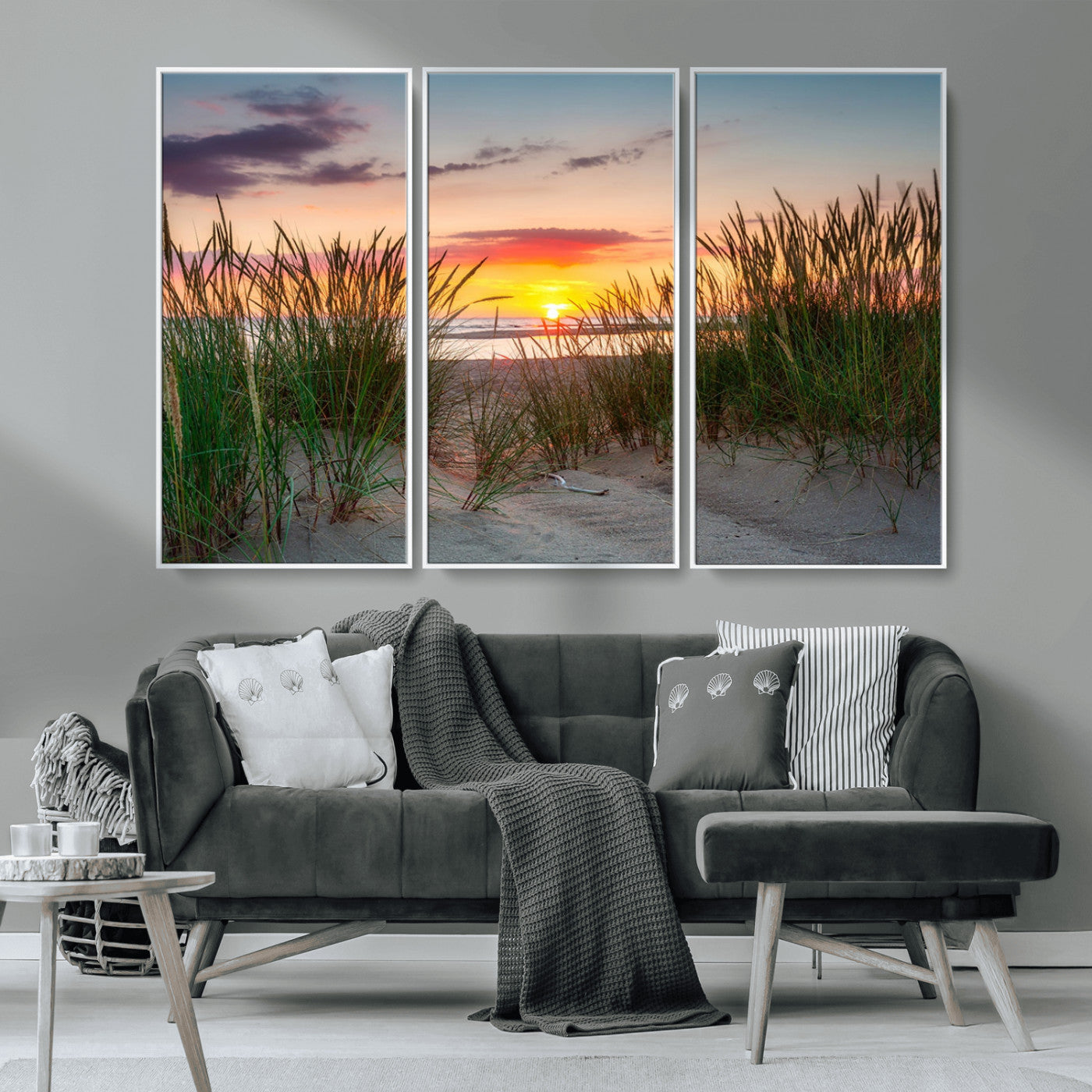 25576-MGV-CV-36X24-Beach Grass Sunset Wall Art – Coastal Sand Dune Landscape Canvas Print, Ocean View Nature Decor for Living Room or Office Wall