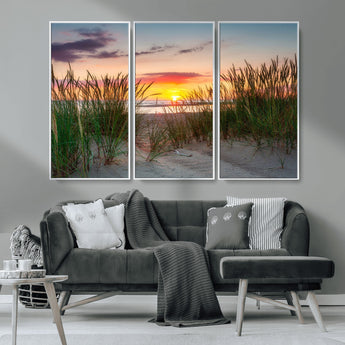 25576-MGV-CV-36X24-Beach Grass Sunset Wall Art – Coastal Sand Dune Landscape Canvas Print, Ocean View Nature Decor for Living Room or Office Wall