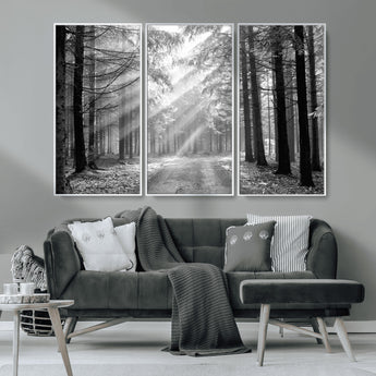 39665-MGV-CV-36X24-Black and White Forest Path Wall Art – Sunlight Rays in Trees Canvas Print, Nature Landscape Decor for Living Room or Office