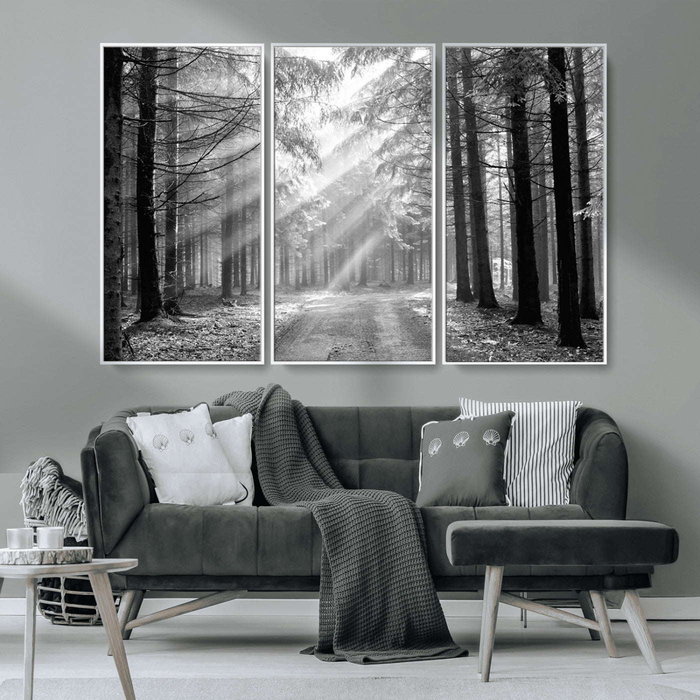 39665-MGV-CV-36X24-Black and White Forest Path Wall Art – Sunlight Rays in Trees Canvas Print, Nature Landscape Decor for Living Room
