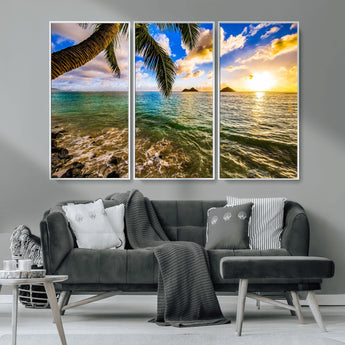 68606-MGV-CV-36X24-Tropical Palm Tree Ocean Wall Art – Sunset Beach Seascape Print, Coastal Paradise Decor for Living Room or Office