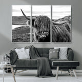 83810-MGV-CV-36X24-Highland Cow Wall Art – Black and White Highland Cattle Print, Rustic Farmhouse Animal Decor for Living Room