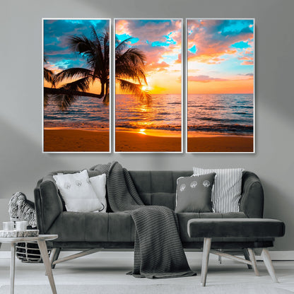 34674-MGV-CV-36X24-Tropical Sunset Beach Wall Art – Palm Tree Ocean Canvas Print, Coastal Seascape Decor for Living Room or Office Wall